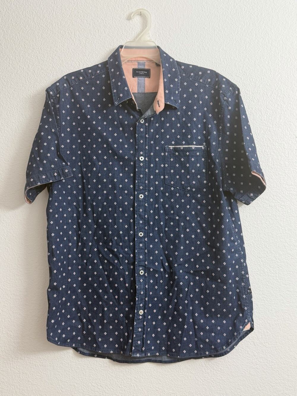 7 Diamonds Stretch Button Up Shirt Mens XL Blue Geometric Pattern Short Sleeve